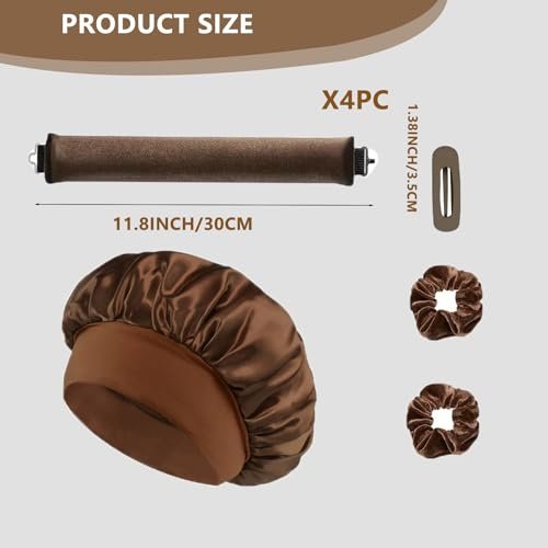 Heatless Curls Overnight Hair Curlers - 4 Pcs No-Heat Velvet Curling Rods with Satin Wrap & Shower Cap, Brown Avelisse