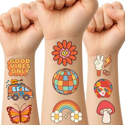 60PCS Groovy Temporary Tattoos for Kids – Pre-Cut Retro Hippie Fake Tattoos, Birthday Party Favors & Classroom Rewards - görsel 16