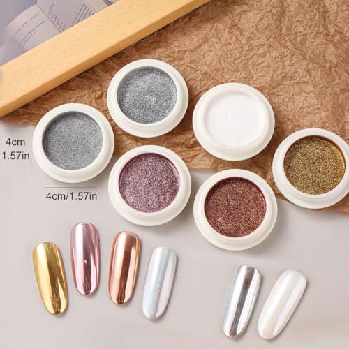 Brtavizvy Chrome Nail Powder Set - 6 Colors Metallic Gold, Silver, Rose Gold, Pink, White Mirror Nail Powder & Holographic Aurora Glitter Pigment for Nail Art Decoration - görsel 18
