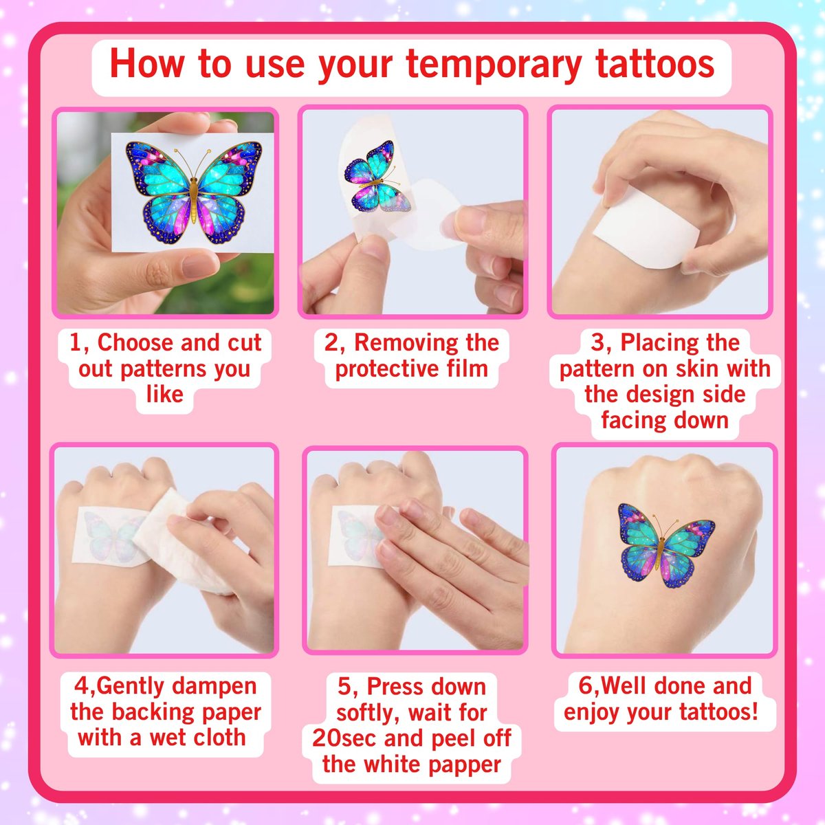 Glitter Butterfly Temporary Tattoos | 60 Pcs 4 Sheets Pre-cut Tattoo Stickers for Kids, Teens, Adults | Butterfly Party Favors & Birthday Decorations - görsel 18