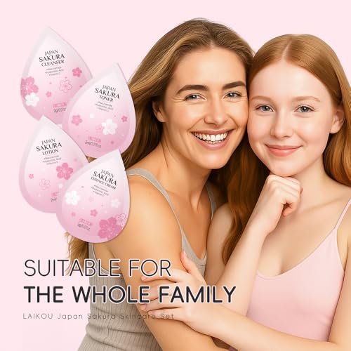 Sakura Travel Skincare Sets - 60pcs Mini Travel Skin Care Kit with Cleanser, Toner, Lotion, Serum, Cream, Sleeping Mask Avelisse