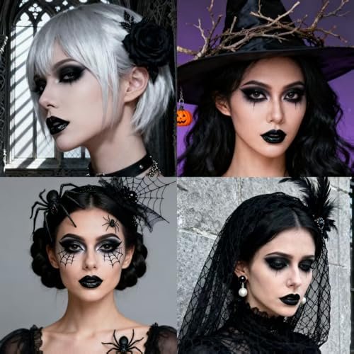 Black Eyeshadow Palette Liquid Lipstick Eyeliner Set with Mini Brush - Smokey Eye Shadow & Black Lip Gloss Lip Liner Set, Smudge Proof Long-lasting for Halloween Cosplay Goth Witch Makeup - görsel 14