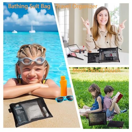 3-Piece Mesh Zipper Pouch Makeup Bags Set - Black, Portable Travel Toiletry Organizer Pouches for Home, Office, and Daily Use - görsel 14