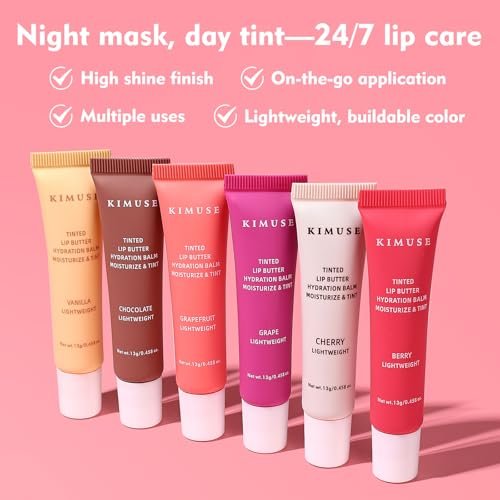 KIMUSE 6 Pcs Tinted Lip Butter Hydration Balm Set - Flavored Shades with Hyaluronic Acid & Vitamin E, Sheer Tint, Non-Sticky Vegan Lip Care for Dry Lips & Daily Use Avelisse