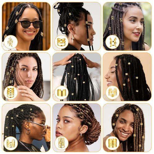 Ouligay 100 PCS Gold Hair Cuffs for Braids - Adjustable Metal Hair Clips for Dreadlocks, Loc Jewelry, 10 Styles - görsel 14