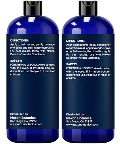 Keratin Shampoo and Conditioner Set - Strengthening & Smoothing Care for Dry, Damaged, Frizzy or Keratin-Treated Hair - Color Protecting - 16 fl oz Each - Nexon Botanics Avelisse