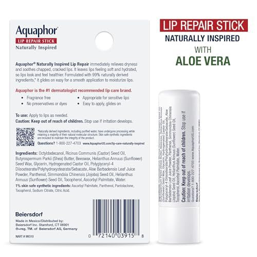 Aquaphor Naturally Inspired Lip Repair Stick Four (4) Pack - Shea Butter, Coconut Oil & Aloe Vera Lip Balm Set Avelisse