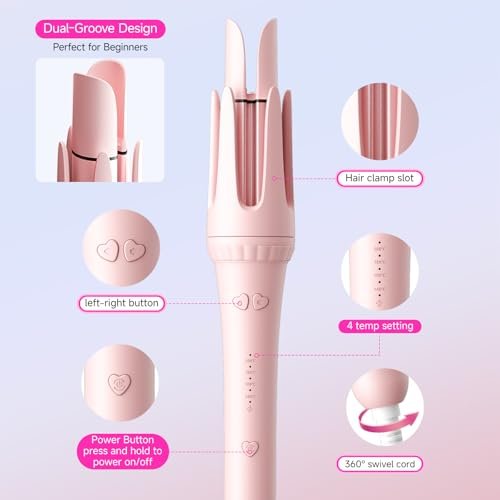 Dyhoo Auto Curling Iron 1.25 Inch - Rotating Hair Curler for Beach Waves, Anti-Scald & Anti-Tangle, Ceramic Curling Wand for Long Hair, Dual Voltage, Pink Avelisse