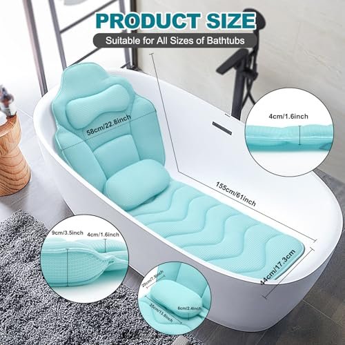 Idle Hippo Extra Long 61'' Full Body Bath Pillow for Bathtub - Ergonomic 4D Air Mesh Tub Pillow with Head, Neck & Lumbar Support, Non-Slip Suction Cups (Lake Blue) Avelisse