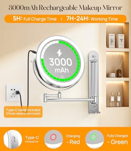 Gospire 9" Wall Mounted Makeup Mirror with 10X Magnification, 7" Height Adjustable Vanity Lighted Mirror for Bathroom Wall, 360° Extended Arm Shaving Mirror with Lights - Chrome Avelisse
