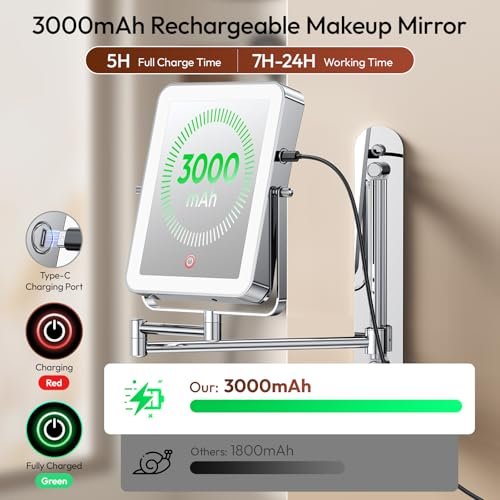Glowtop Height Adjustable Wall Mounted Lighted Makeup Mirror with Lights, 10X Magnifying Mirror for Bathroom, 7in Slide Rail and 360° Extended Arm, Rechargeable Wall Mirror with Dual Hooks for Hotel Avelisse