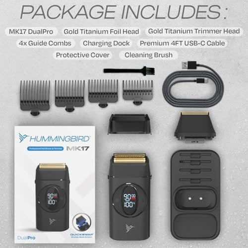 HUMMINGBIRD MK17 DualPro Foil Shaver & Beard Trimmer for Men – Gold Titanium Blades, Turbo Shaving & Torque Control, Metal Body, Digital Battery & RPM Display, Wet/Dry, USB-C & Wireless Charging Dock Avelisse