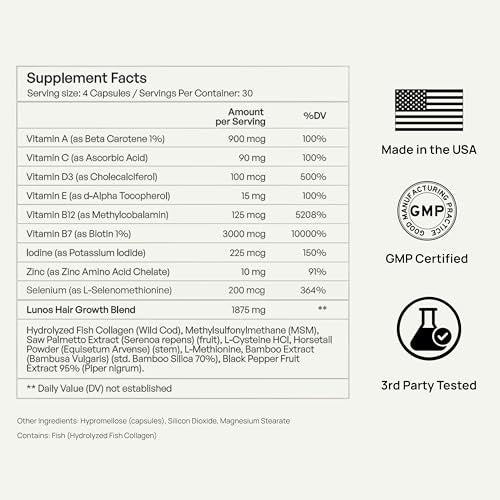 Lunos Grow Hair Growth Supplements - 17 Ingredient Hair Vitamins with Biotin, Saw Palmetto & Marine Collagen - 1 Month Supply Avelisse