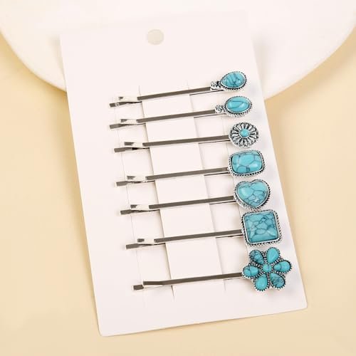 Boho Hair Pins – 7 Pack Vintage Silver Bobby Pins with Turquoise Stones for Women, Bohemian Hair Clips for Thick or Thin Hair - görsel 16