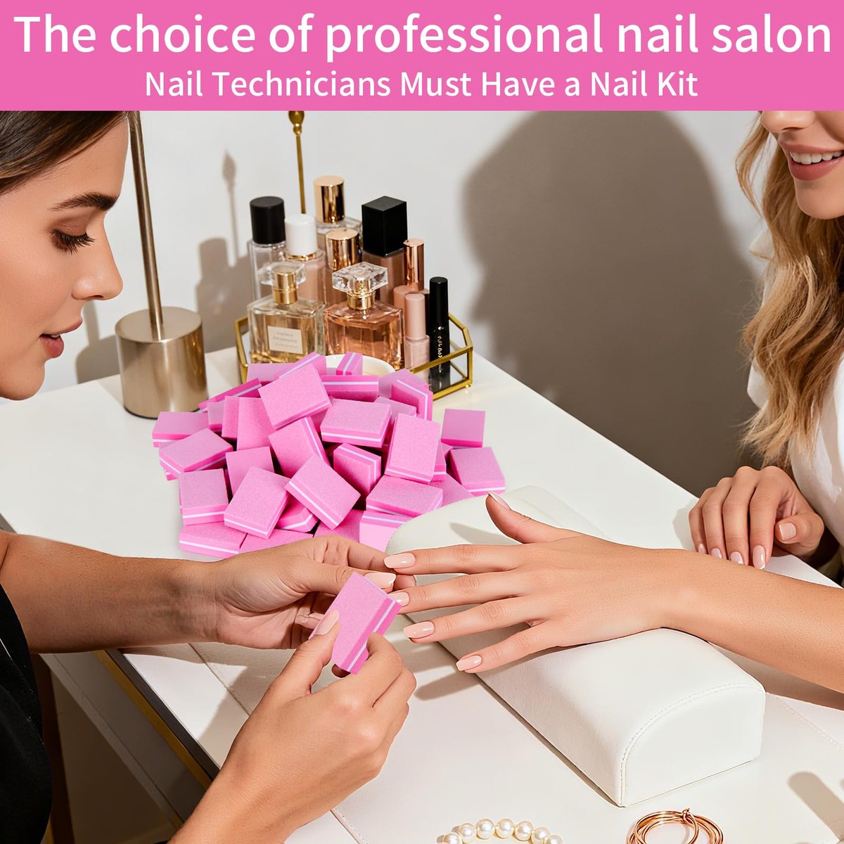 50-Pack Mini Nail Buffer Blocks 100/180 Grit - Double-Sided Sponge Files for Natural & Acrylic Nails, Disposable Travel Size (Pink) - görsel 14