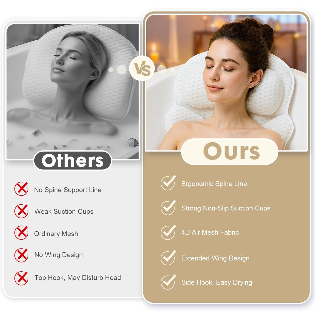 Luxury Bath Pillow with Extended Wings, 4D Air Mesh Bathtub Pillow for Head, Neck & Back Support, Non-Slip Suction Cups, Spa Gift for Women - White (Larger & Thicker) Avelisse