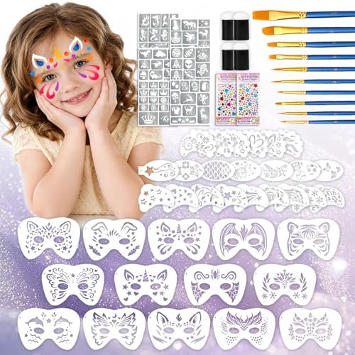 58 Pieces Face Paint Stencils and Brushes Kit – 36 Reusable Stencils, 10 Brushes, Tattoo Stickers, Gems & Sponges for Party Festival Makeup Avelisse