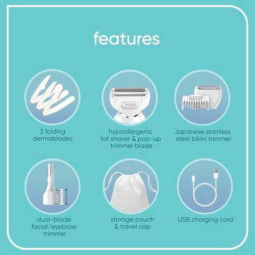 Conair Girlbomb All-in-One Shave & Trim System – Foil Shaver, Dual-Blade Face & Eyebrow Trimmer, Bikini Trimmer for Women, Gentle Hair Removal, Lithium-Ion Rechargeable with USB Charging Cord, White Avelisse