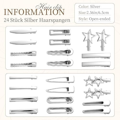 24PCS Silver Hair Clips Set - Cute Y2K Metal Barrettes, Anti-Slip Wavy Star Hair Clips for Women & Girls - görsel 14