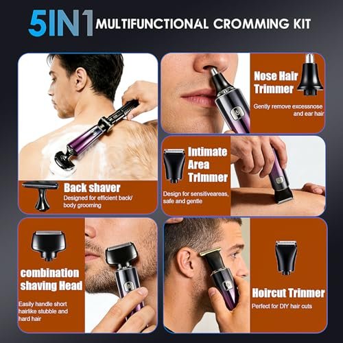 Back Shaver for Men with LED Display - 5 in 1 Rechargeable Body Groomer, Long Handle, Safety Lock, IPX7 Waterproof, Purple Avelisse