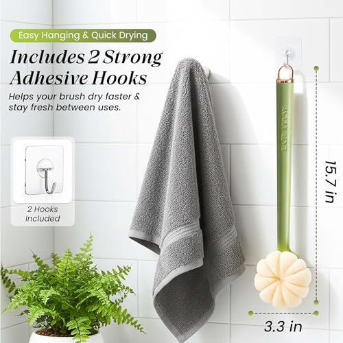LEYLIVELLA Back Scrubber for Shower with Long Handle (15.7") – Dual-Sided Bath Brush with Loofah Sponge, Replaceable Heads, Easy Reach for Back & Body, Includes 2 Wall Hooks - görsel 12
