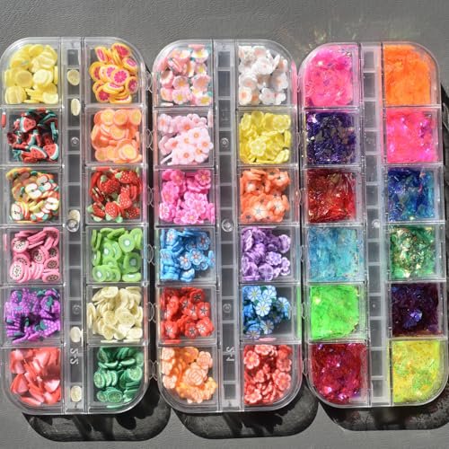 2 Boxes of Crystal Mash Clay Strip Flowers Fruit Slices & Holographic Nail Art Glitter Iridescent Flakes - Gradient Bright Ice Slag Nail Sequins Paillettes Summer Nail Decoration - görsel 12