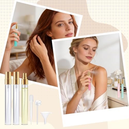BESNEL 50pcs Mini Glass Spray Bottles 10ml - Fine Mist Refillable Perfume Atomizer, Empty Travel Spray Bottle for Hair, Small Sample Containers Portable (Gold) Avelisse
