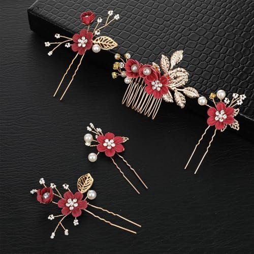 5 Pcs Bridal Flower Wedding Hair Pins - Crystal Pearl Rhinestone Burgundy Flower Hair Clips Headpiece for Brides Bridesmaids Women Girls - görsel 14