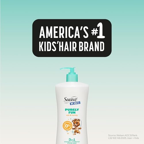 Suave Kids Purely Fun 3 in 1 Shampoo, Conditioner & Body Wash with Oat & Honey, Tear-Free, Hypoallergenic, 4 Count (28 FL OZ Each) Avelisse
