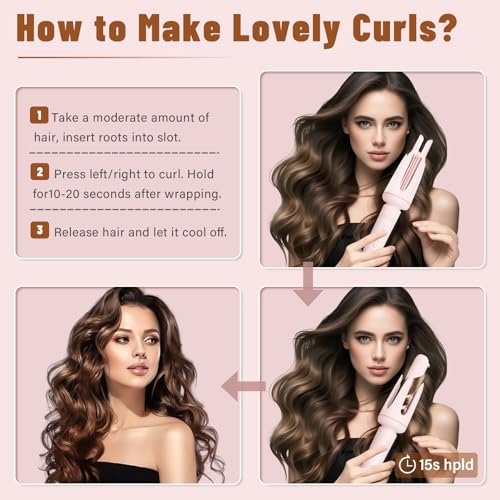 Auto Hair Curler with 3 Temperature Settings - Automatic Rotating Curling Iron for Long Hair, Anti-Scald & Anti-Tangle, Pastel Pink Avelisse