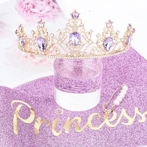 CURASA Purple and Gold Birthday Princess Crown and Sash for Women - Tiara and Sash Set, Party Hair Accessories - görsel 14