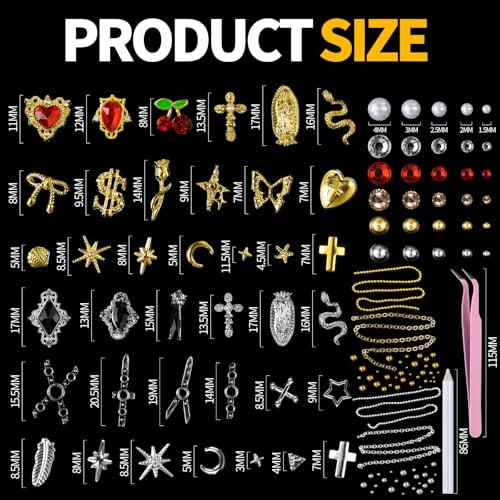 Teenitor Nail Charms and Gems Kit - 6 Boxes Silver & Gold Rhinestones, Pearls, Caviar Beads, Y2K & Cross Nail Charms for 3D Nail Art Avelisse
