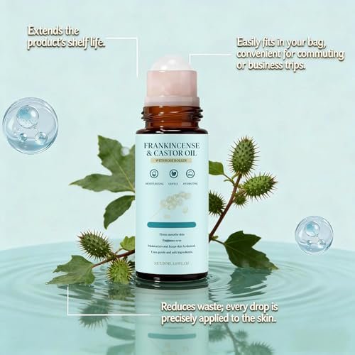 EHAUTO Frankincense and Castor Oil Rose Roller – Cold-Pressed Castor Oil Roll-On with Removable Rose | Firms Smooths Skin, Suitable for Face, Neck, Abdomen, 50ML/1.7OZ Avelisse