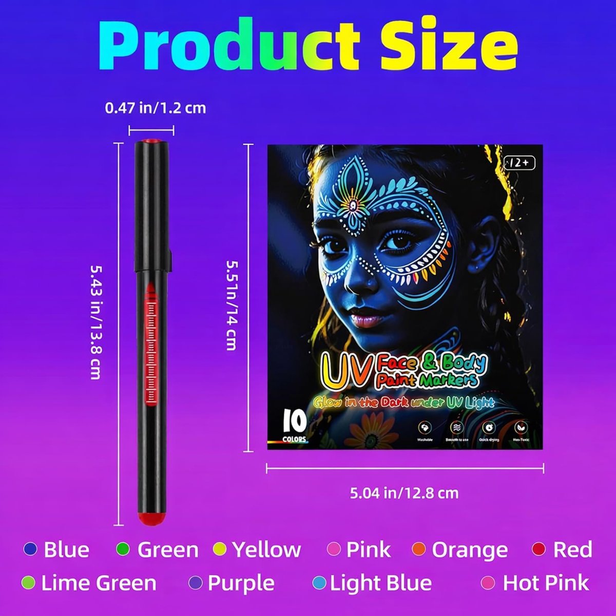 10 Colors Glow in the Dark Body Paint Markers - UV Neon Face & Body Painting Pens Kit for Glow Parties, Halloween, Cosplay, Art, Christmas - Washable Tattoo Markers for Skin - görsel 14