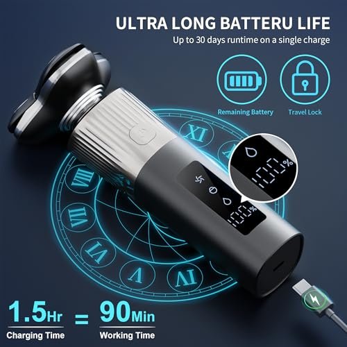 EvznFeo 8011 Series Electric Razor for Men - 4D Floating Rotary Head, IPX7 Waterproof, USB-C Fast Charge, 90-Minute Runtime, Hypoallergenic Blades - Portable Travel Grooming Kit Avelisse