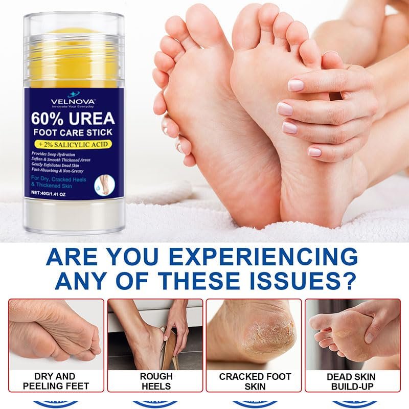VELNOVA 60% Urea Foot Care Stick with 2% Salicylic Acid – Maximum Strength Callus Remover & Foot Cream for Dry Cracked Heels – Exfoliating Moisturizer, Non-Greasy – 1.41 oz - görsel 7
