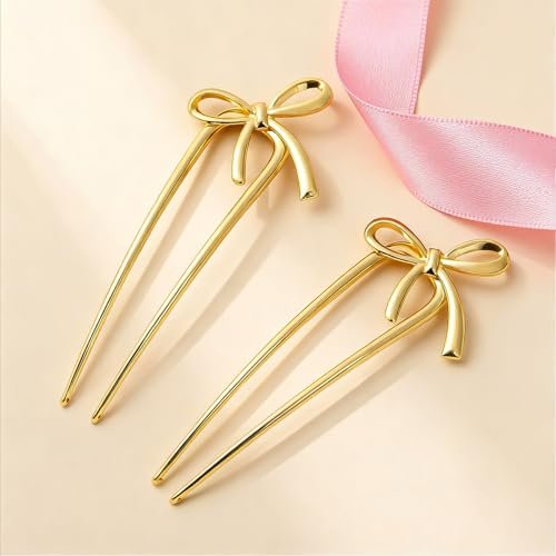 Molizummy 2PCS Gold Metal French Hair Pins for Women - Elegant U Shaped Bow Design Hairpins for Buns and Updos, 5.5 Inches Large Secure Hold Styling Accessories Avelisse