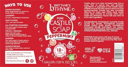 Brittanie's Pure Organic Castile Soap Refill, 1 Gallon Peppermint - Liquid Soap for Face, Body, Hands, Dishes, Pets, Laundry - Vegan, Non-GMO, Gluten-Free, Biodegradable - Made in USA Avelisse