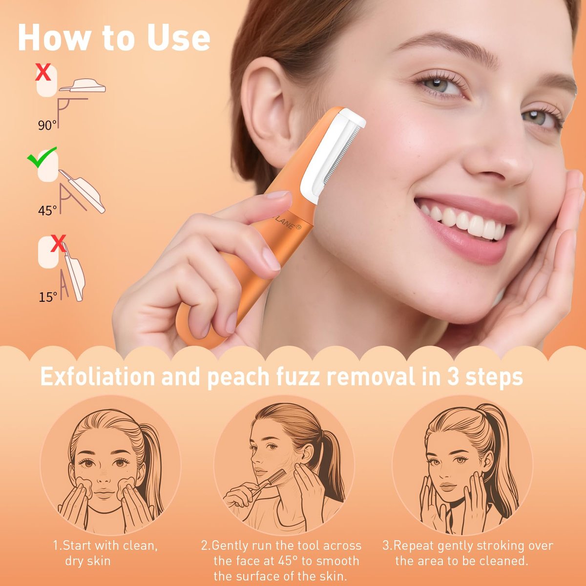 CATLANE Sonic Dermaplane Razor for Women - Face Dermaplaning Tool with Exfoliation & Hair Removal, Cosmic Orange Avelisse