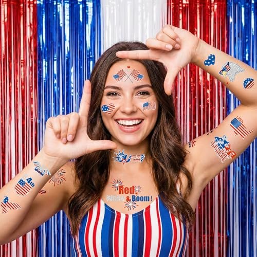 Vagilelf 250th Anniversary Decorations - 3 Sheets 4th of July Tattoos, America 250 Merchandise with Premium Silver Foil, Shimmering Red White and Blue Patriotic Body Stickers for USA Party Decorations - görsel 10