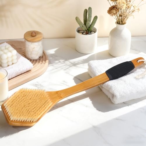 eaxun Bamboo Back Brush with Curved Long Handle - 17.5 Inch Shower Back Scrubber with Stiff Bristles for Men and Women, Exfoliating Body Washer Anti Slip Exfoliator for Bath or Dry Brushing Avelisse