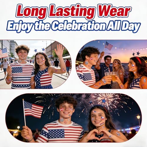 12 Sheets 4th of July Temporary Tattoos – Patriotic American Flag Red White and Blue Body Stickers for Independence Day Party Decorations and USA Holiday Accessories - görsel 14
