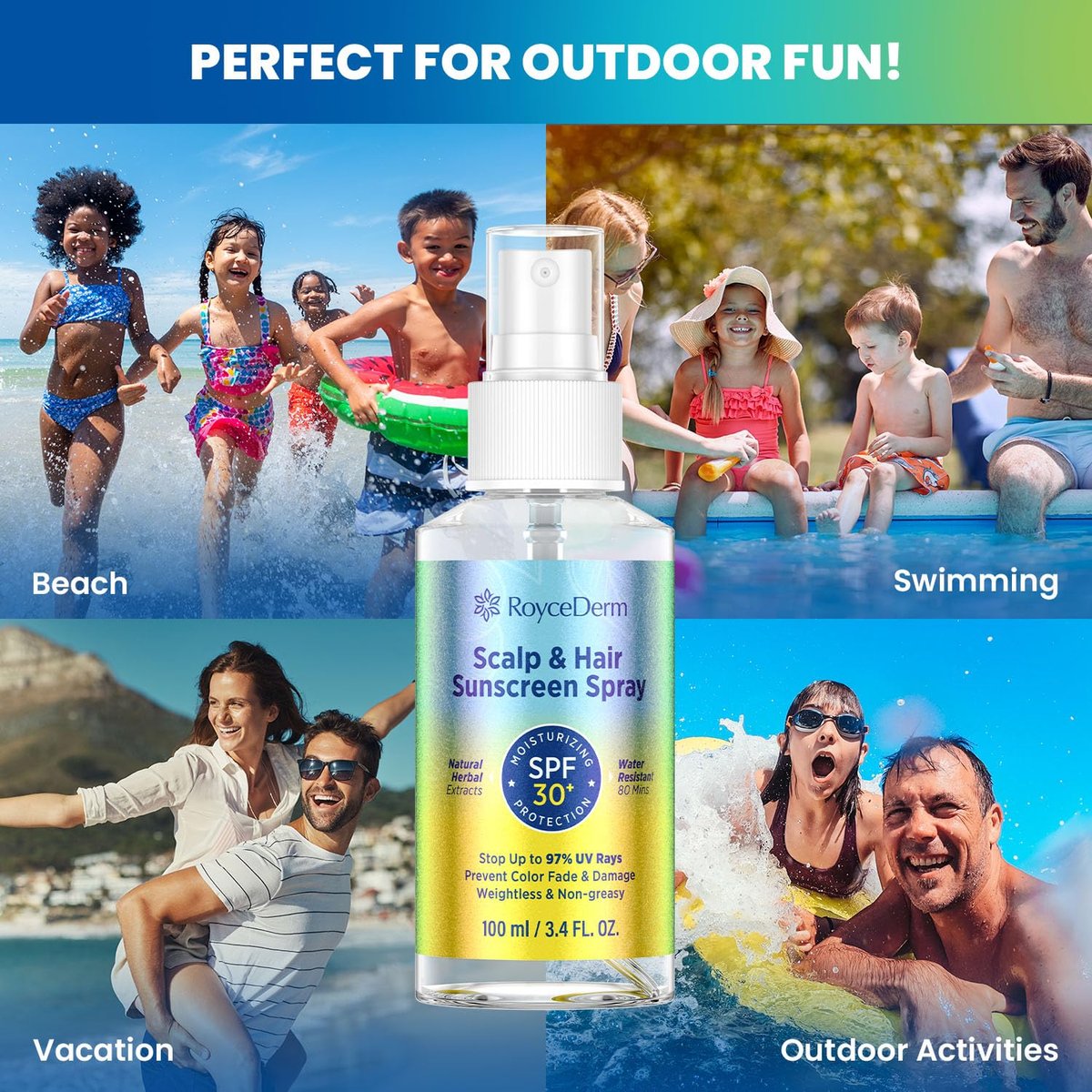 Roycederm Hair and Scalp Sunscreen Spray SPF 30+ – UV Protection, 80-Min Water-Resistant, Non-Greasy Scalp Mist for Beach, Pool & Outdoor Activities (100ml, Pack of 2) Avelisse