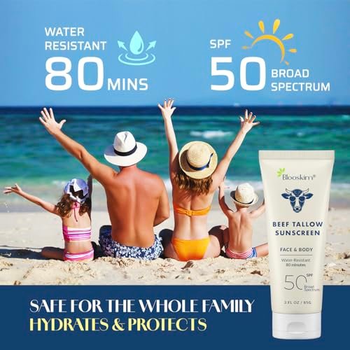 Blooskim Beef Tallow Sunscreen SPF 50 – Natural Zinc Oxide Sunblock for Face & Body, Non-Greasy, Water-Resistant, 3 oz Avelisse