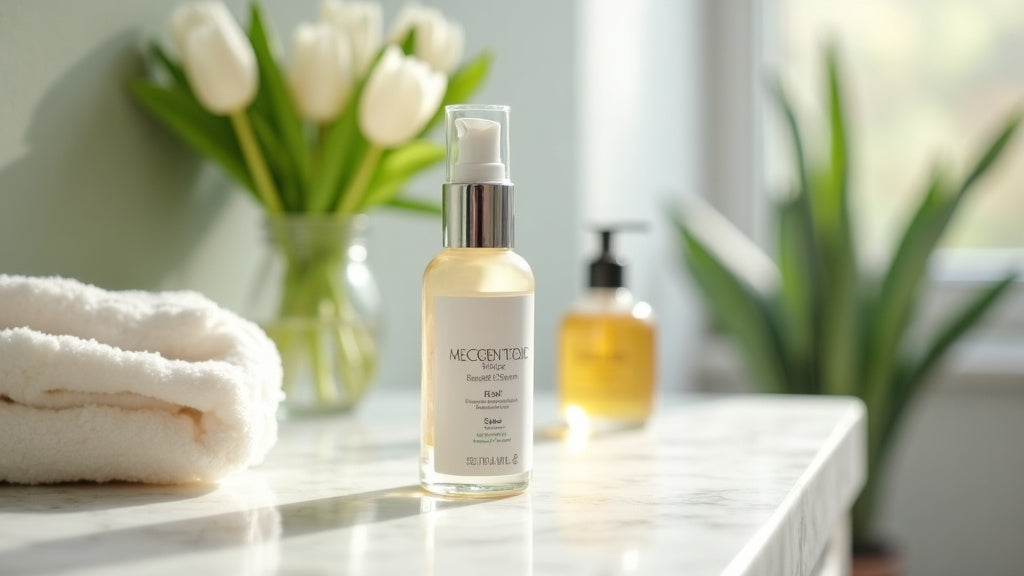 Best facial peel UK product on marble vanity with natural light and tulips