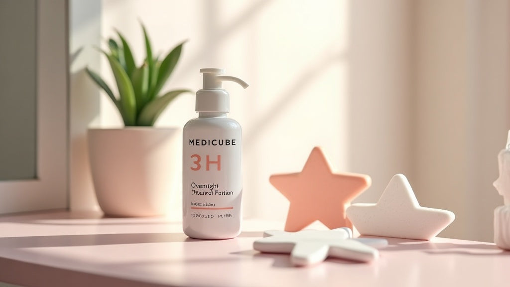 Medicube spot care products on a bathroom shelf with star pimple patches and drying lotion