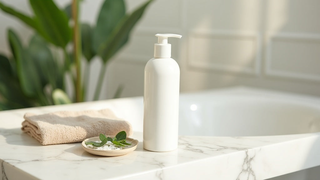 Sleek scalp shampoo bottle on marble vanity with eucalyptus leaves, representing scalp shampoo UK routine