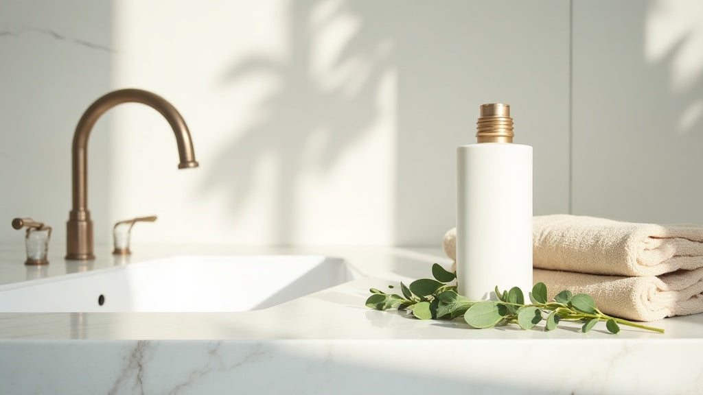 Best body wash UK on marble vanity with eucalyptus and towel