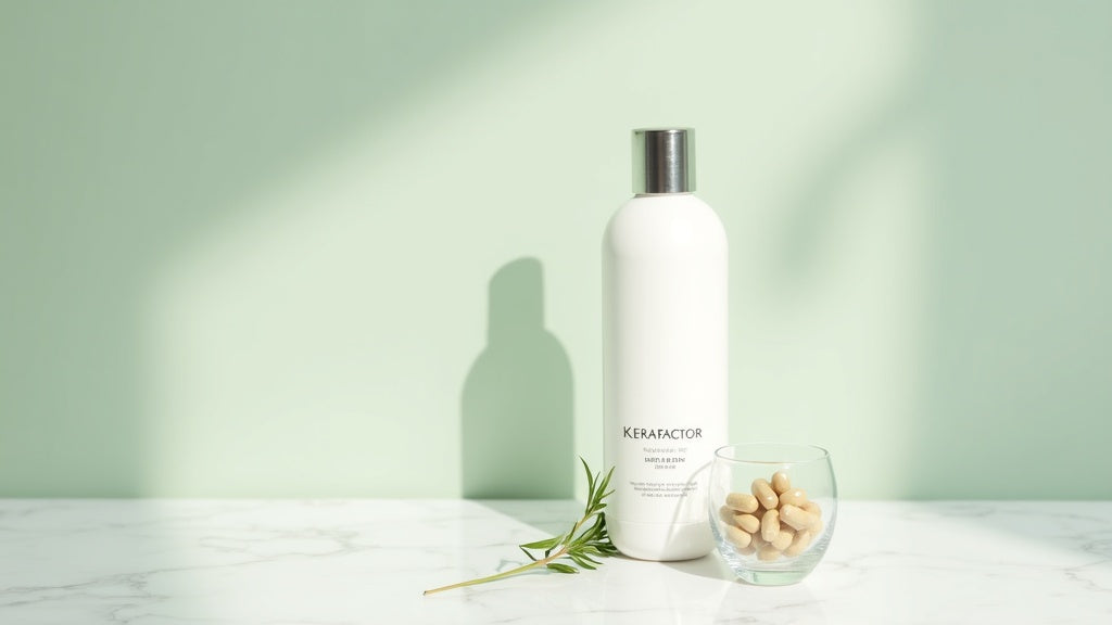 Kerafactor shampoo ingredients guide featuring bottle and keratin capsules on marble
