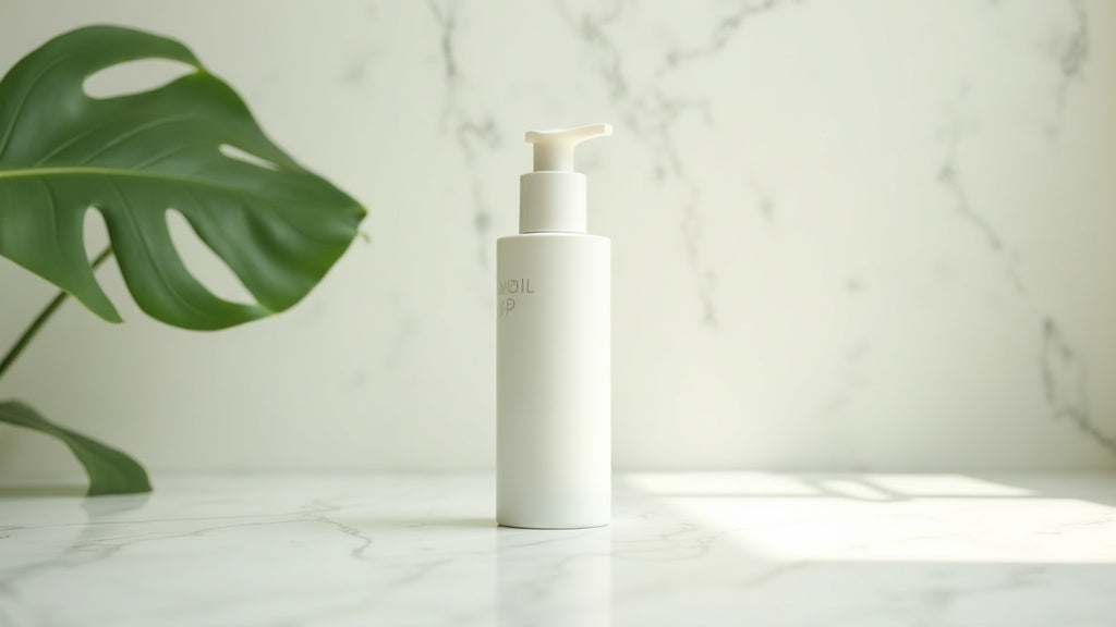 Oil-free moisturiser UK on marble vanity with green leaf – safe hydration for all skin types